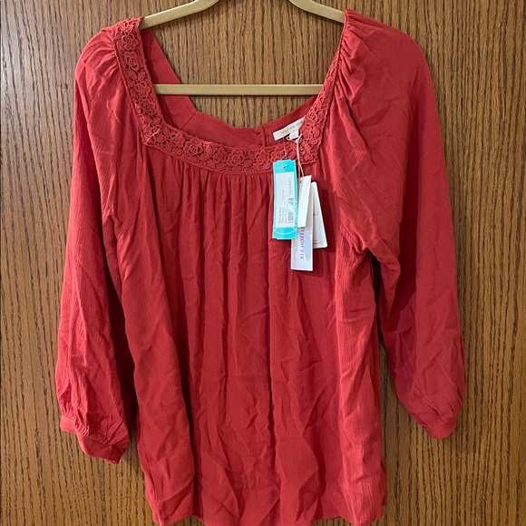 Skies Are Blue Red Blouse with Lace Detail - Picture 1 of 3